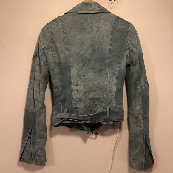 GESTUZ Leather Trompe L’Oeil Denim-look Biker Jacket Ombré Teal Y2K Slim Fit - Picture 2 of 6